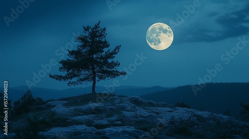 Silhouetted pine tree on a rocky hilltop under a full moonlit night sky