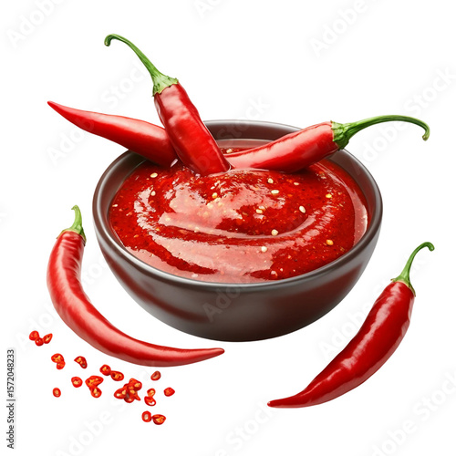 Spicy chili sauce with red chili peppers isolated on a white background ai png
