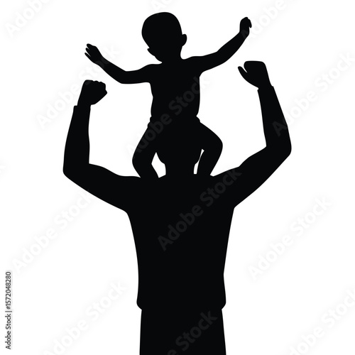 A dad carries a toddler on his shoulders with raised arms silhouette on transparent background
