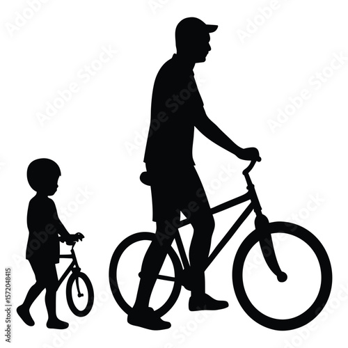 Silhouette of a man and child biking together shows family time on transparent background