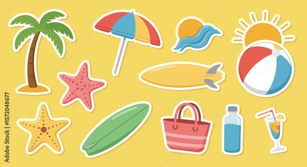 A collection of colorful beach themed stickers in a fun summery, ready to make a splash. A collection of colorful beach themed stickers in a fun summery, ready to make a splash.