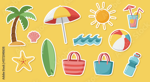 A vibrant collection of sunny day summer icons arranged against a backdrop of yellow hues, conjuring feelings of leisure and carefree fun.