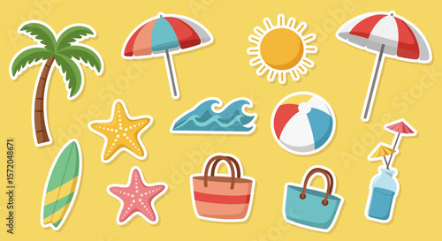 A vibrant collection of summer icons are arranged on a bright background, conjuring the spirit of summer, inviting viewers to feel warmth of sun. 
