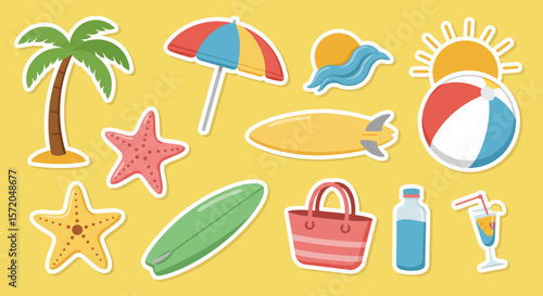 A collection of colorful beach themed stickers in a fun summery, ready to make a splash. 