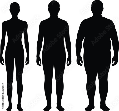Silhouettes of a slender woman a man and an overweight man on a white background