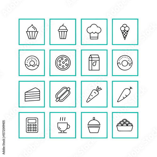 Food and drink icons collection cupcake cream