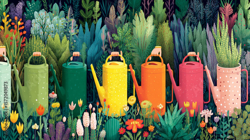 A whimsical and colorful garden scene featuring various watering cans and hands tending to lush, stylized plants.