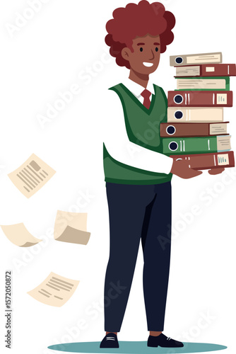 Young man carrying stack of office binders with falling documents vector illustration