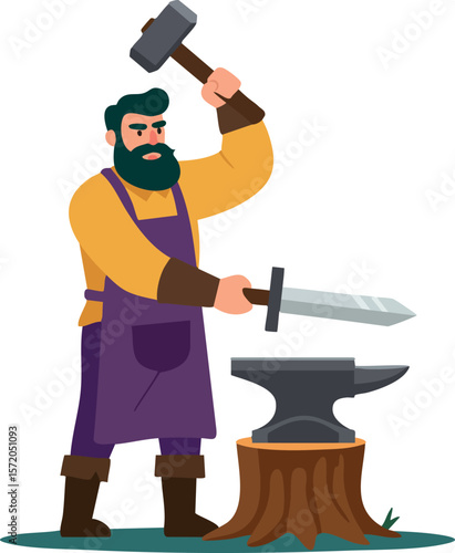 Blacksmith forging sword with hammer at anvil in workshop vector illustration