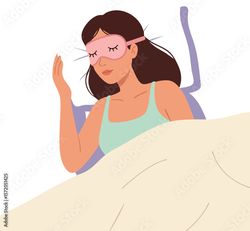 Woman Sleeping in Bed with Eye Mask for Rest and Relaxation Vector Illustration