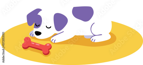 Sleeping white puppy with purple spots and red bone on yellow rug vector illustration