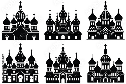 Collection of black silhouette russian orthodox churches with onion domes and crosses