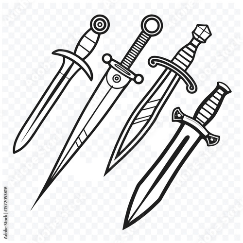 Black and White Sword Vector Set – Outline, Tattoo, Medieval Weapon, Coloring Page Style

