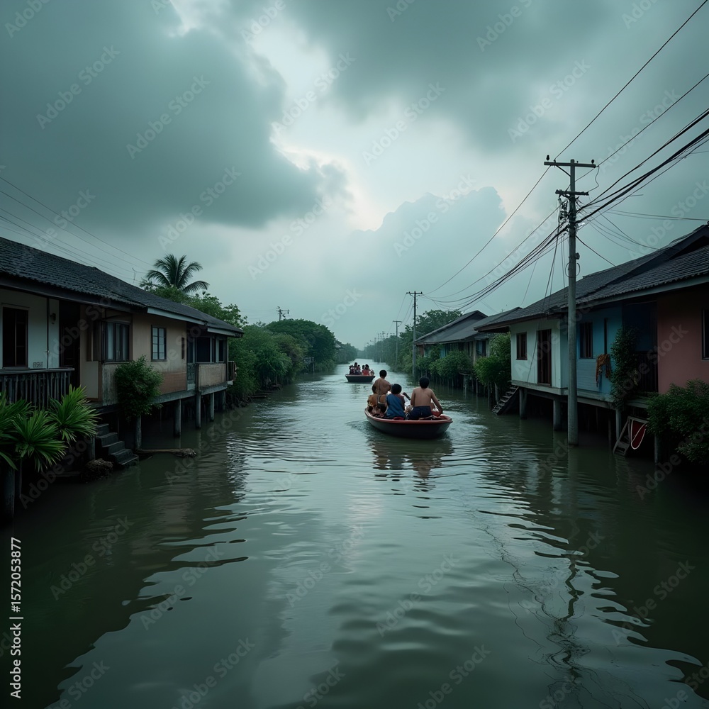 Naklejka premium Longtail Boats on Thai Canal with Traditional Houses