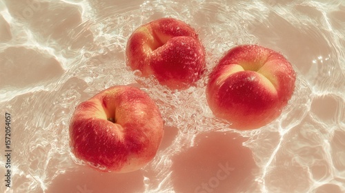 Fresh ripe peaches floating in clear water with ripples and reflections on surface in bright natural light