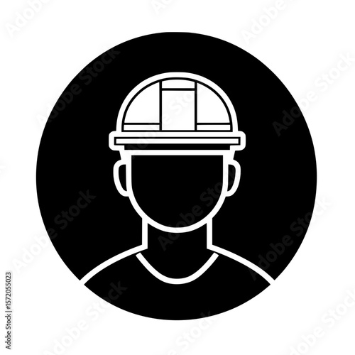 Circular icon of male engineer wearing a hard hat, representing safety, industrial labor, or construction profession