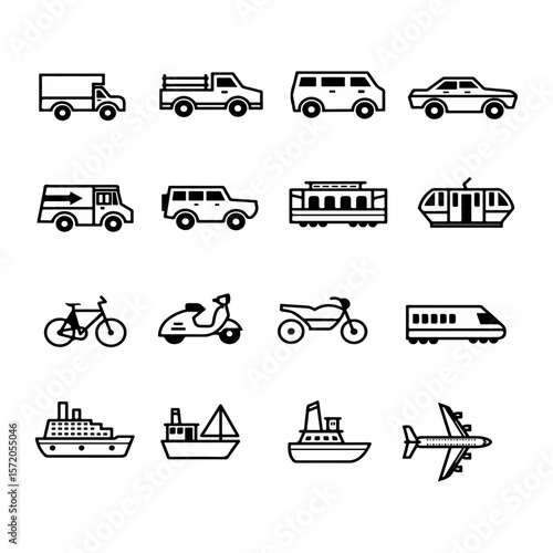 Transportation vehicle icon silhouette set