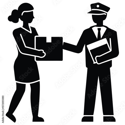Silhouette of a delivery man handing a package to a young lady on transparent background