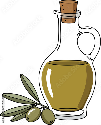 Olive oil bottle with green olives and leaves vector illustration natural cooking ingredient