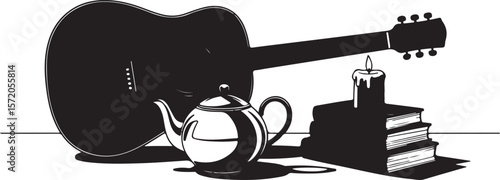 Acoustic guitar teapot and candle on books vector