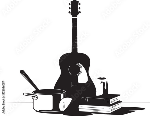 Acoustic guitar with cooking pot and books vector