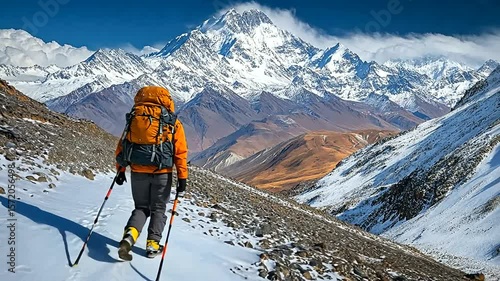 Solo trekker ascends snowy mountain trail towards majestic Himalayan peaks adventure