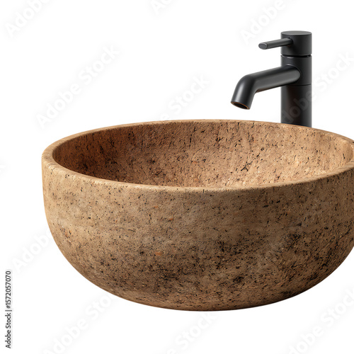 Modern cork bathroom sink with a matte black faucet isolated on transparent background