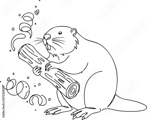 Beaver animal gnawing wood log vector illustration in black and white line art style