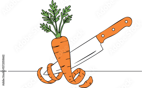 Carrot with knife peeling fresh vegetable illustration in simple style