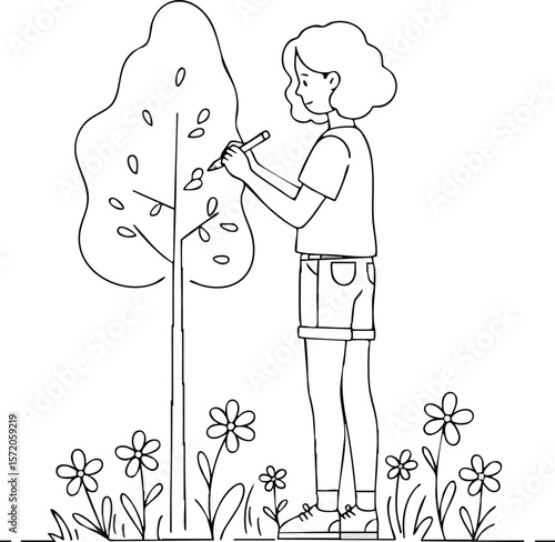 Child watering young tree in garden surrounded by flowers vector illustration