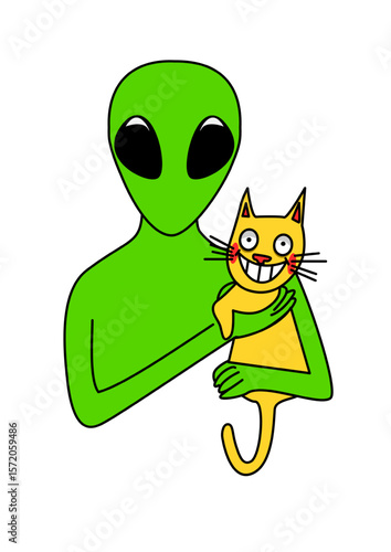 Illustration of an alien with a cat in his arms