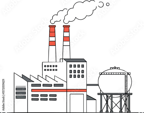 Industrial factory with smokestacks and storage tank vector illustration in minimal style
