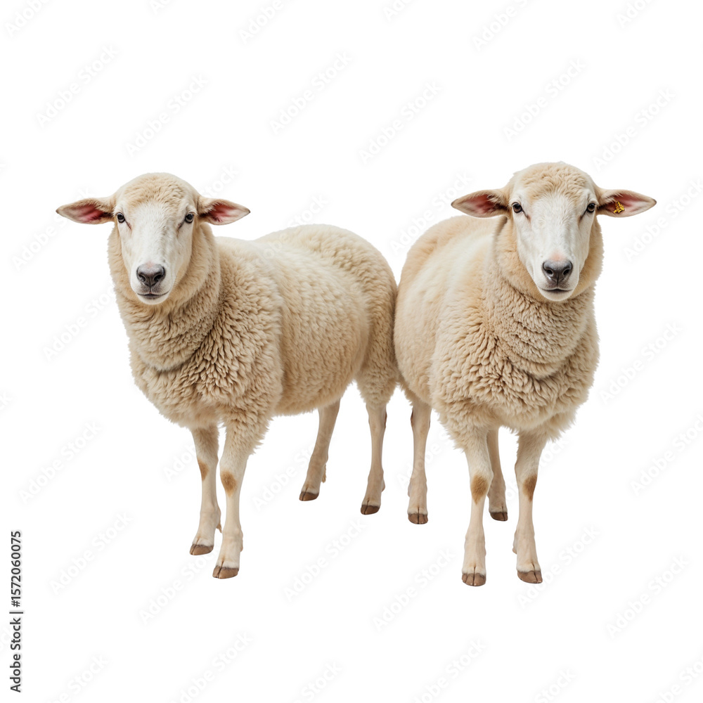 Fototapeta premium Pair of sheep standing together on a white background 