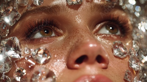 Close up of a person's face adorned with sparkling diamonds and glitter