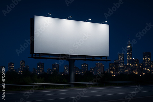  An illuminated blank billboard towers over a quiet highway at night. City skyscrapers glow in the background, creating a contrast between the white-lit board and the deep blue sky.