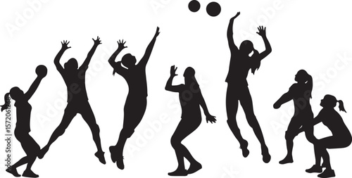 Silhouettes of women playing volleyball in action athletes sport