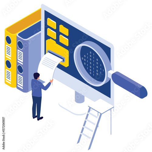 System Data Isometric. Vector illustration of Isometric illustration of a person extracting a digital document from a computer folder with data analysis elements. Isolated on background