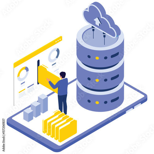 System Data Isometric. Vector illustration of Man uploading digital files to a cloud server through a smart dashboard interface on a mobile platform. Isolated on background