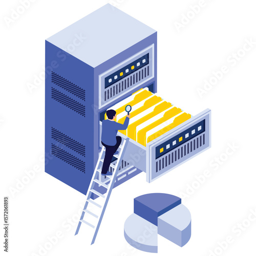 System Data Isometric. Vector illustration of Person using a ladder to browse and inspect digital folders in a large server rack for data access. Isolated on background