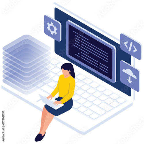 System Data Isometric. Vector illustration of Female developer working on code while sitting on a large laptop keyboard with technical interface icons. Isolated on background