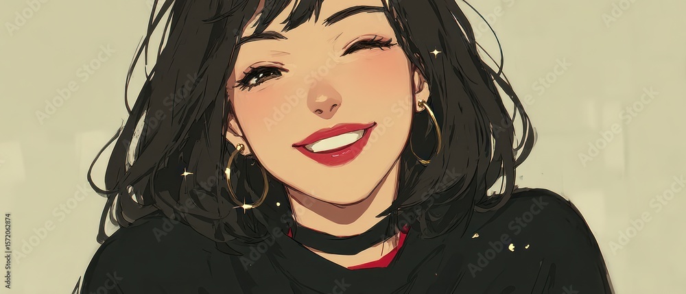 Fototapeta premium Close up portrait of a smiling young woman with dark hair winking wearing hoop earrings and red lipstick