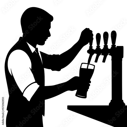 Silhouette of a Bartender Pouring Beer from a Tap into a Pint Glass.