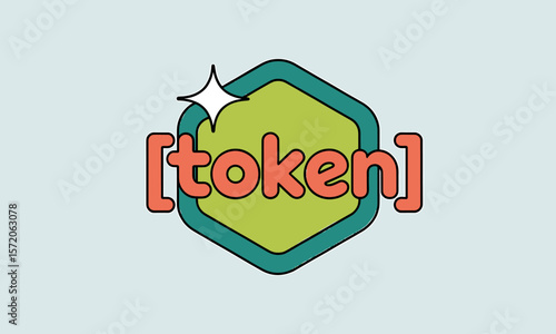 Stylized Token Graphic with Star, Bracketed Orange Text, and Green Hexagon