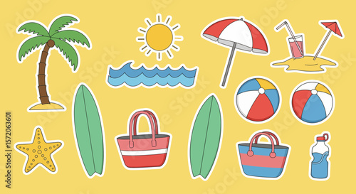 Illustrated summer elements against yellow background, ready for vacation and relaxation. Includes the beach, palm tree, water and sun.