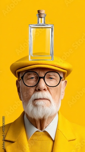 Elderly man with white beard and glasses wears a yellow beret and jacket with a glass bottle on his head