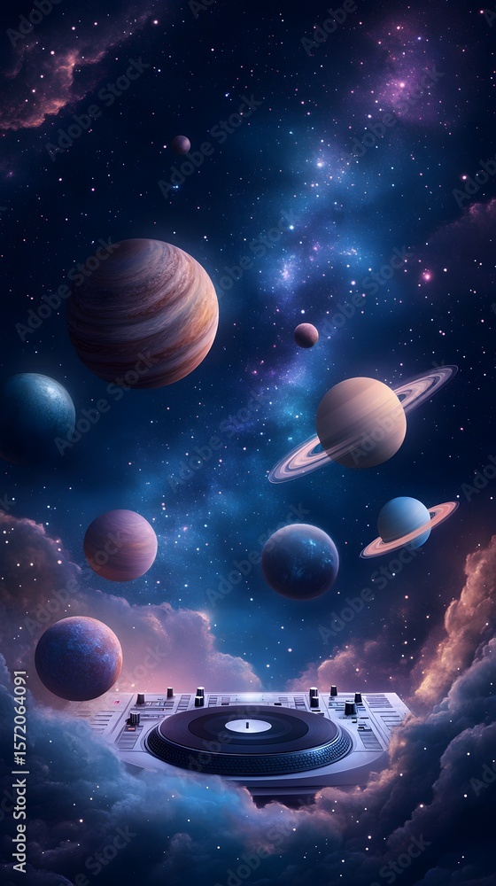 Naklejka premium Cosmic DJ Mixer Vinyl Record Spinning Amidst Planets and Stars A Futuristic Music Space Scene