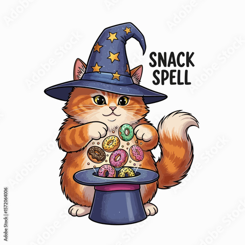 An orange cat wearing a wizard hat conjures donuts from a top hat, with "Snack Spell" text.