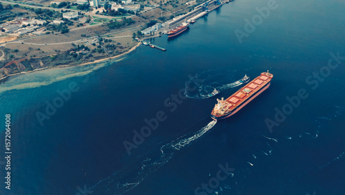 Cargo ship navigating in port harbor during daylight with surrounding vessels and coastline