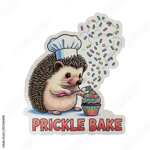 A hedgehog wearing a chef's hat decorates a colorful cupcake with sprinkles.