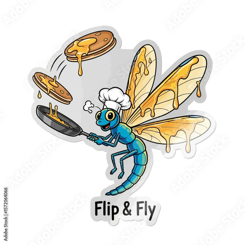 A cartoon dragonfly chef flips pancakes in a humorous illustration.